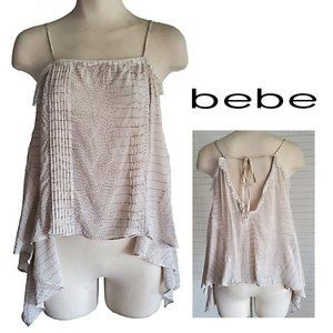 BEBE Silk Camisole Drapey Trapeze Style Embroidered Trim Blouse Ivory Size S/P